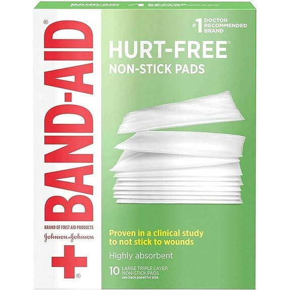 Johnson & Johnson Large Hurt-Free Non-Stick Pads, Triple Layer Pads, Sterile and individually Wrapped, Measures 3" x 4", Box of 10