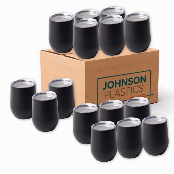 Johnson Plastics Plus JPPlus 12oz Stemless Wine Glass Tumbler Blanks for Laser Engraving, UV-LED Vinyl, or Toner Heat Transfer. Personalize for Parties, Gifts, or Branding. With Clear Lid (50, Black)