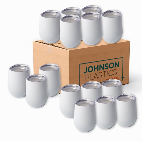 Johnson Plastics Plus JPPlus 12oz Stemless Wine Glass Tumbler Blanks for Laser Engraving, UV-LED Vinyl, or Toner Heat Transfer. Personalize for Parties, Gifts, or Branding. With Clear Lid (50, White)