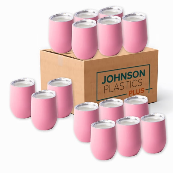Johnson Plastics Plus JPPlus 12oz Stemless Wine Glass Tumbler Blanks for Laser Engraving, UV-LED Vinyl, or Toner Heat Transfer. Personalize for Parties, Gifts, or Branding. With Clear Lid (50, Pink)