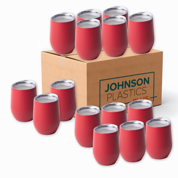 Johnson Plastics Plus JPPlus 12oz Stemless Wine Glass Tumbler Blanks for Laser Engraving, UV-LED Vinyl, or Toner Heat Transfer. Personalize for Parties, Gifts, or Branding. With Clear Lid (50, Red)
