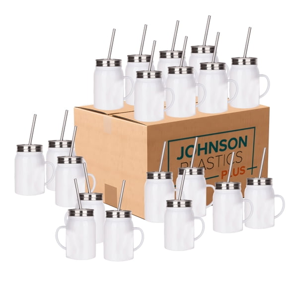 Johnson Plastics Plus JPPlus 17oz Sublimation Drinking Jar Cup Drinkware. Stainless Steel Jars with Lids and Straws. Perfect for Smoothies (White with Handle (Case of 25))