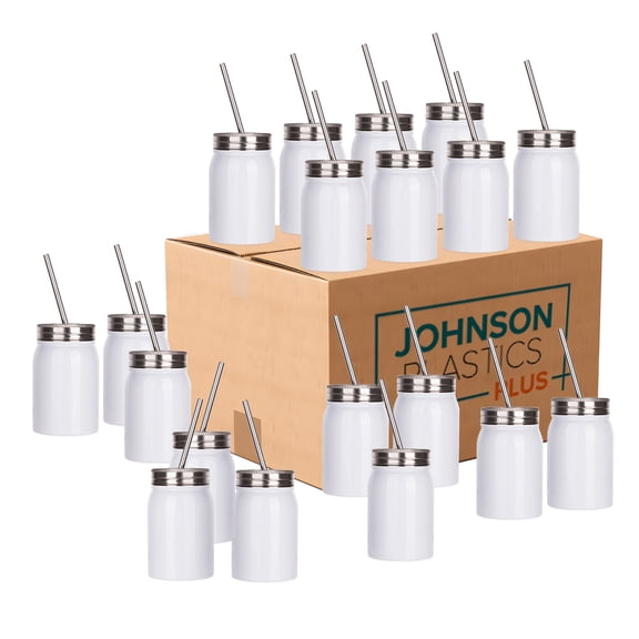 Johnson Plastics Plus JPPlus 17oz Sublimation Drinking Jar Cup Drinkware. Stainless Steel Jars with Lids and Straws. Perfect for Smoothies (White no Handle (Case of 25))