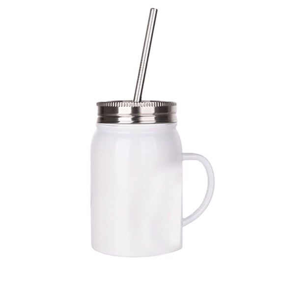 Johnson Plastics Plus JPPlus 17oz Sublimation Drinking Jar Cup Drinkware. Stainless Steel Jars with Lids and Straws. Perfect for Smoothies (White with Handle (Each))