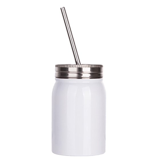 Johnson Plastics Plus JPPlus 17oz Sublimation Drinking Jar Cup Drinkware. Stainless Steel Jars with Lids and Straws. Perfect for Smoothies (White no Handle (Each))