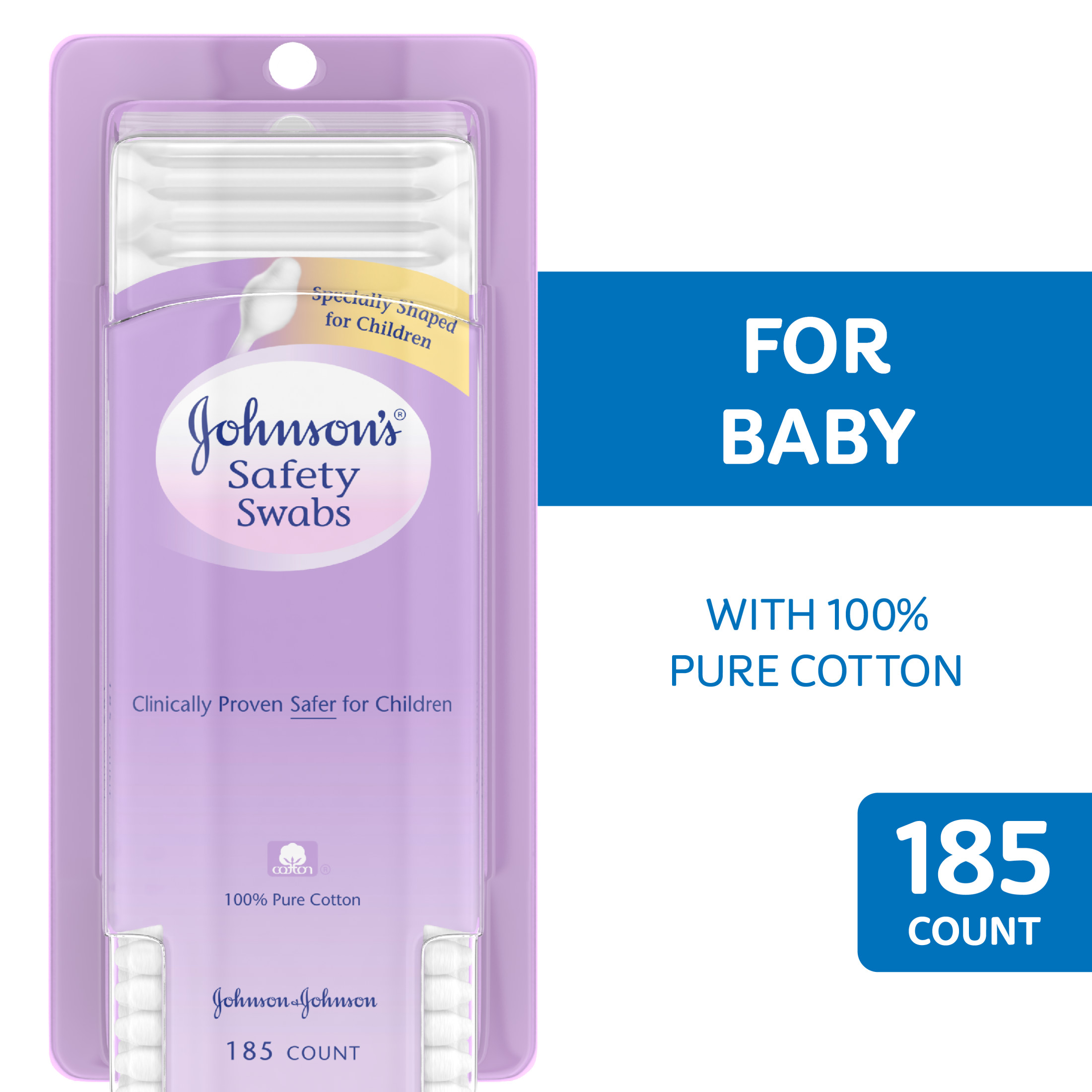 Johnson's Baby Safety Ear Swabs Made with Non-Bleached Cotton, 185 Ct - image 1 of 9