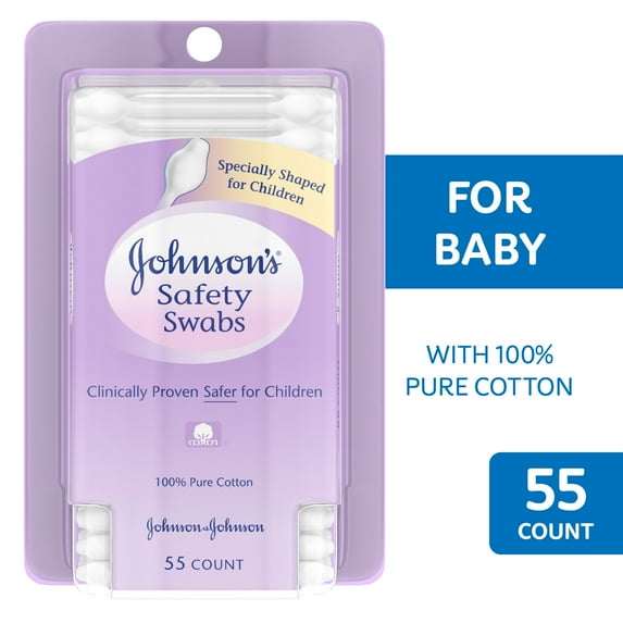 Johnson's Baby Safety Ear Swabs Made with Non-Bleached Cotton, 55 Ct