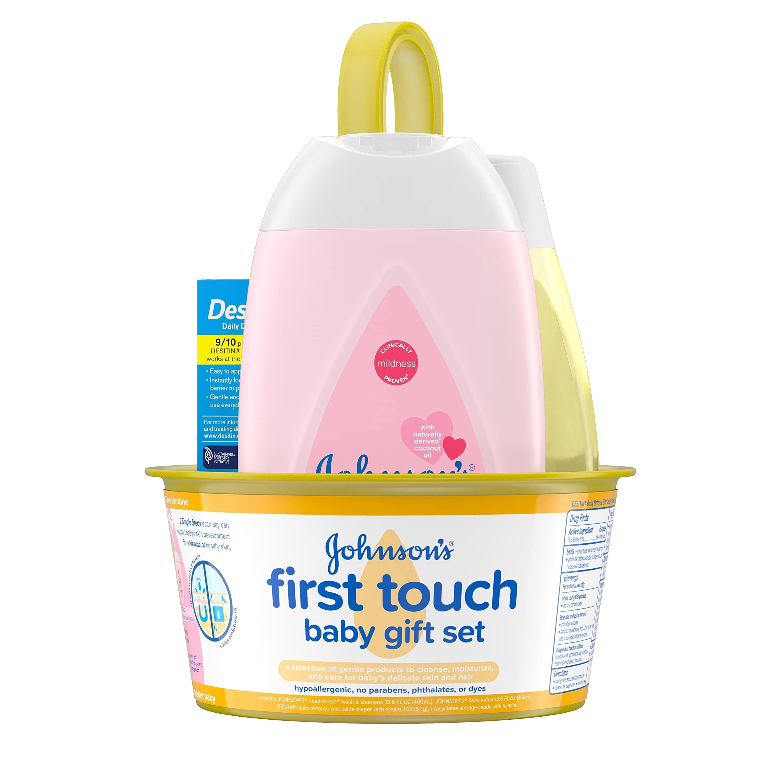 Johnson's First Touch Baby Gift Set, Baby Bath, Skin & Hair Essential Products, Kit for New Parents with Wash & Shampoo, Lotion, & Diaper Rash Cream, Hypoallergenic & Paraben-Free, 4 items C24