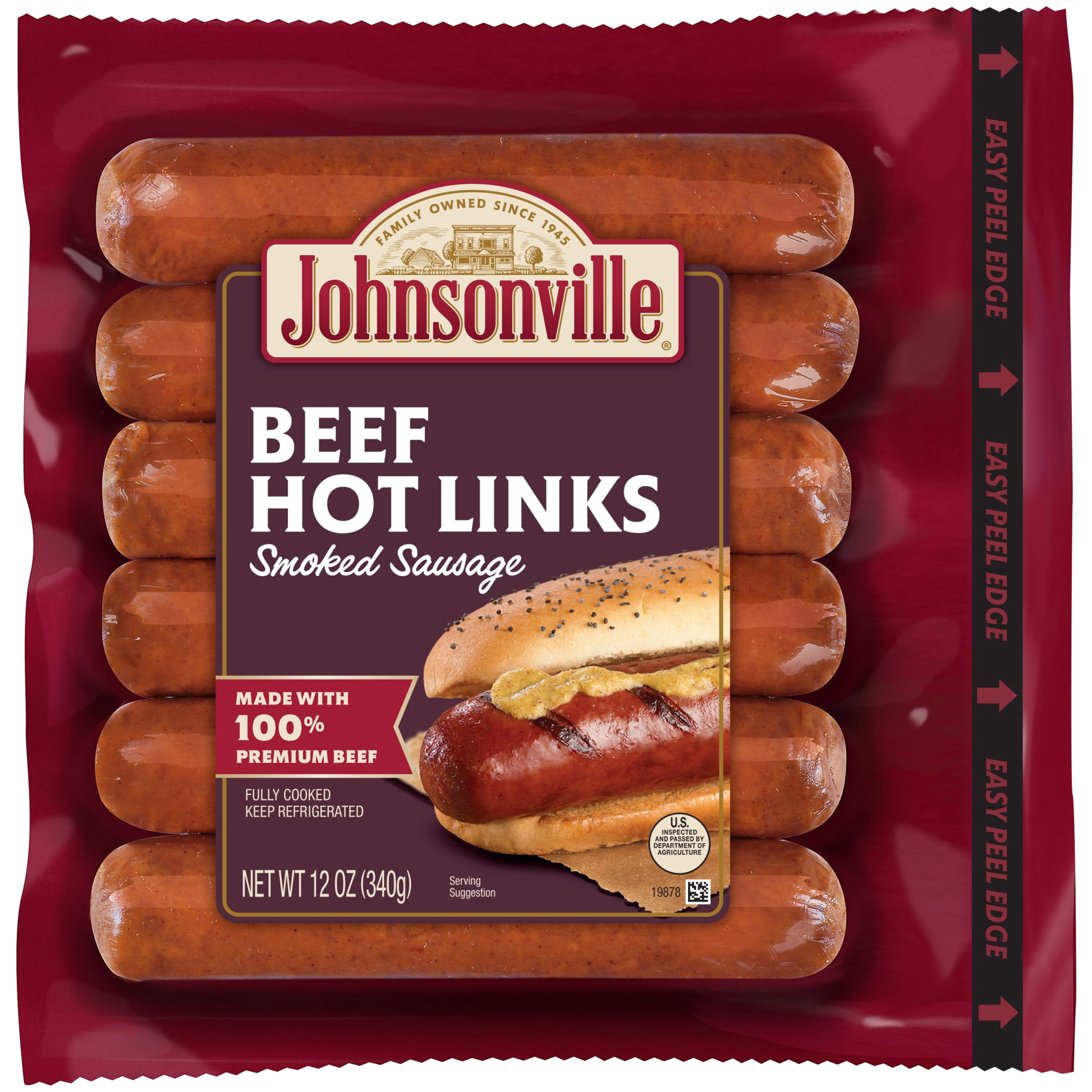 Johnsonville Beef Hot Links Smoked Sausage, 6 Links, 12 oz, Refrigerated