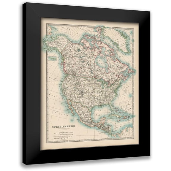Johnston 12x14 Black Modern Framed Museum Art Print Titled - Johnstons Map of North America