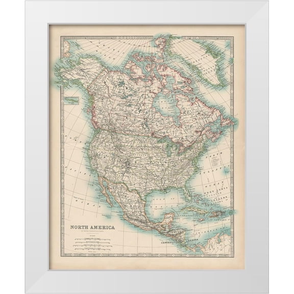 Johnston  12x14 White Modern Wood Framed Museum Art Print Titled - Johnstons Map of North America
