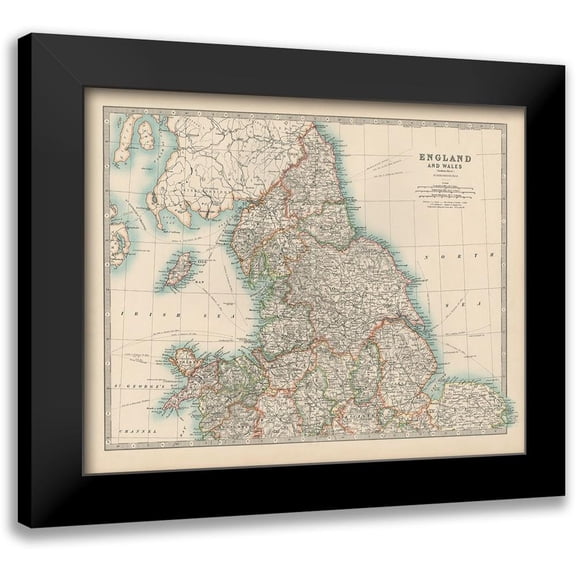 Johnston 14x12 Black Modern Framed Museum Art Print Titled - Johnstons Map of England and Wales