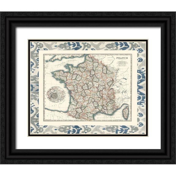 Johnston 32x26 Black Ornate Wood Framed with Double Matting Museum Art Print Titled - Bordered Map of France