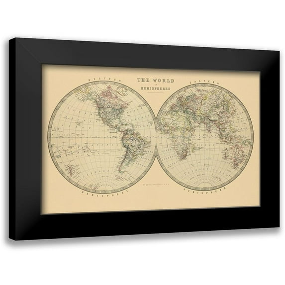 Johnston, A K. 24x17 Black Modern Framed Museum Art Print Titled - The World in Hemispheres 1912