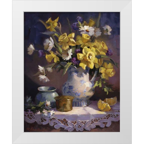 Johnston, Maxine 12x14 White Modern Wood Framed Museum Art Print Titled - Daffodils and Lace