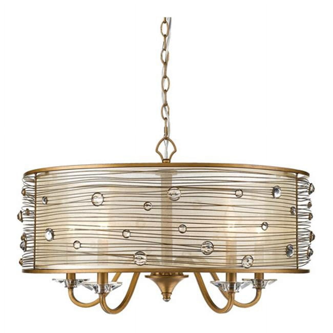 Elegant Peruvian Gold 5-Light Chandelier with Crystal Accents and Sheer Shade
