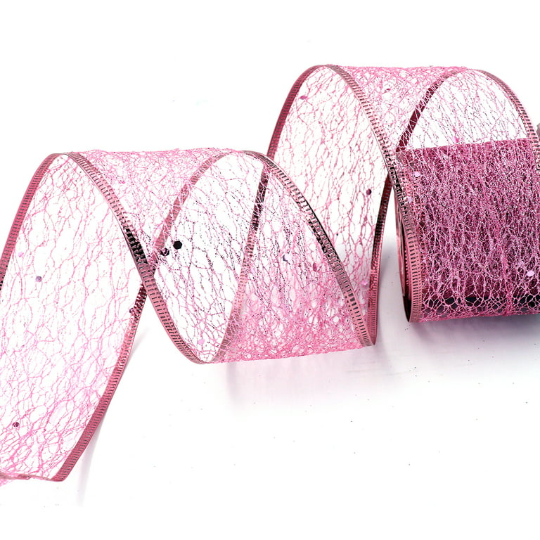 Joice Gift Decorative Tulle Glitter Mesh Wrap Wired Holiday Christmas Ribbon  Roll 2.5 inch x 10 Yard, Pink 