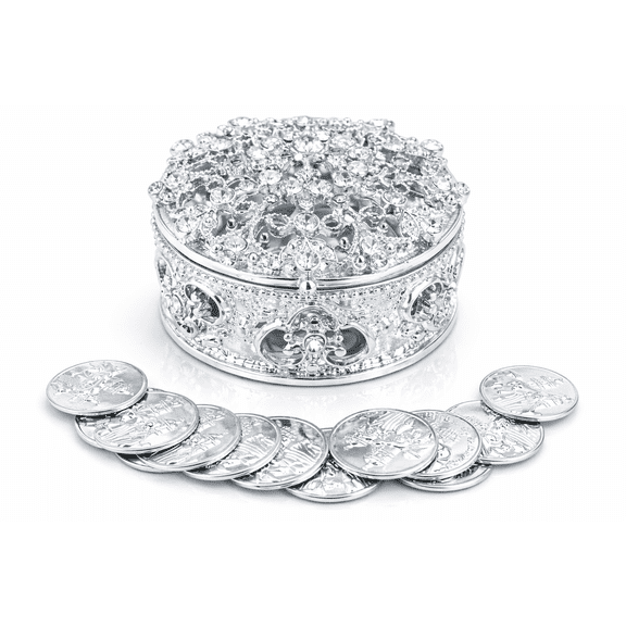 Joice Silver Metal Round Rhinestone Wedding Arras Box Set with Unity Coins