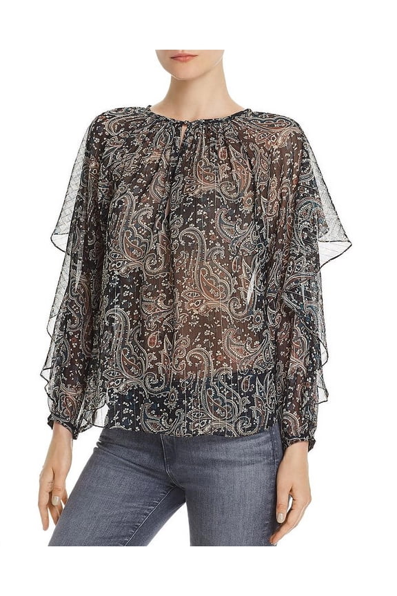 CAVIAR Kriston Paisley Ruffle Chiffon Blouse, US X-Small