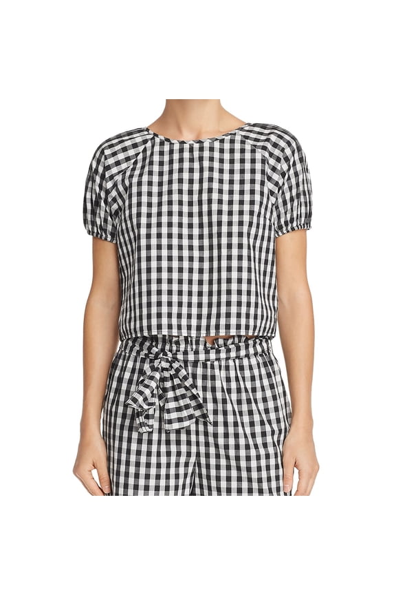 Womens Gingham Ruffled Blouse, Black, X-Small