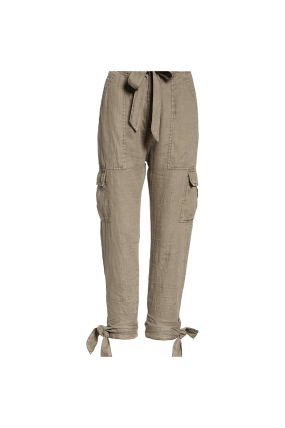 Womens Linen Casual Cargo Pants, Green, 4