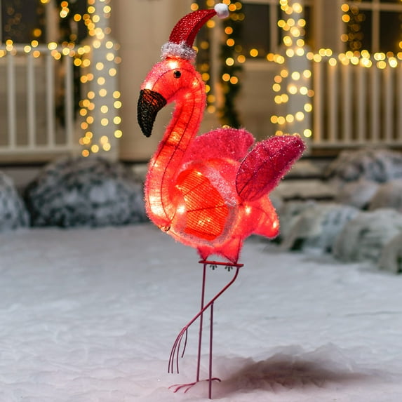 Joiedomi 3ft Tinsel Flamingo with Christmas Hat Yard Light 30 LED Warm White for Christmas Decoration