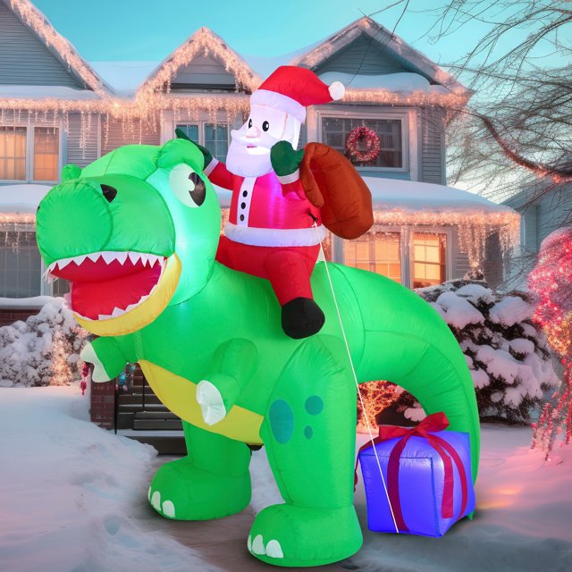 Joiedomi 6 ft Tall Christmas Inflatable Santa Ride on Dinosaur with