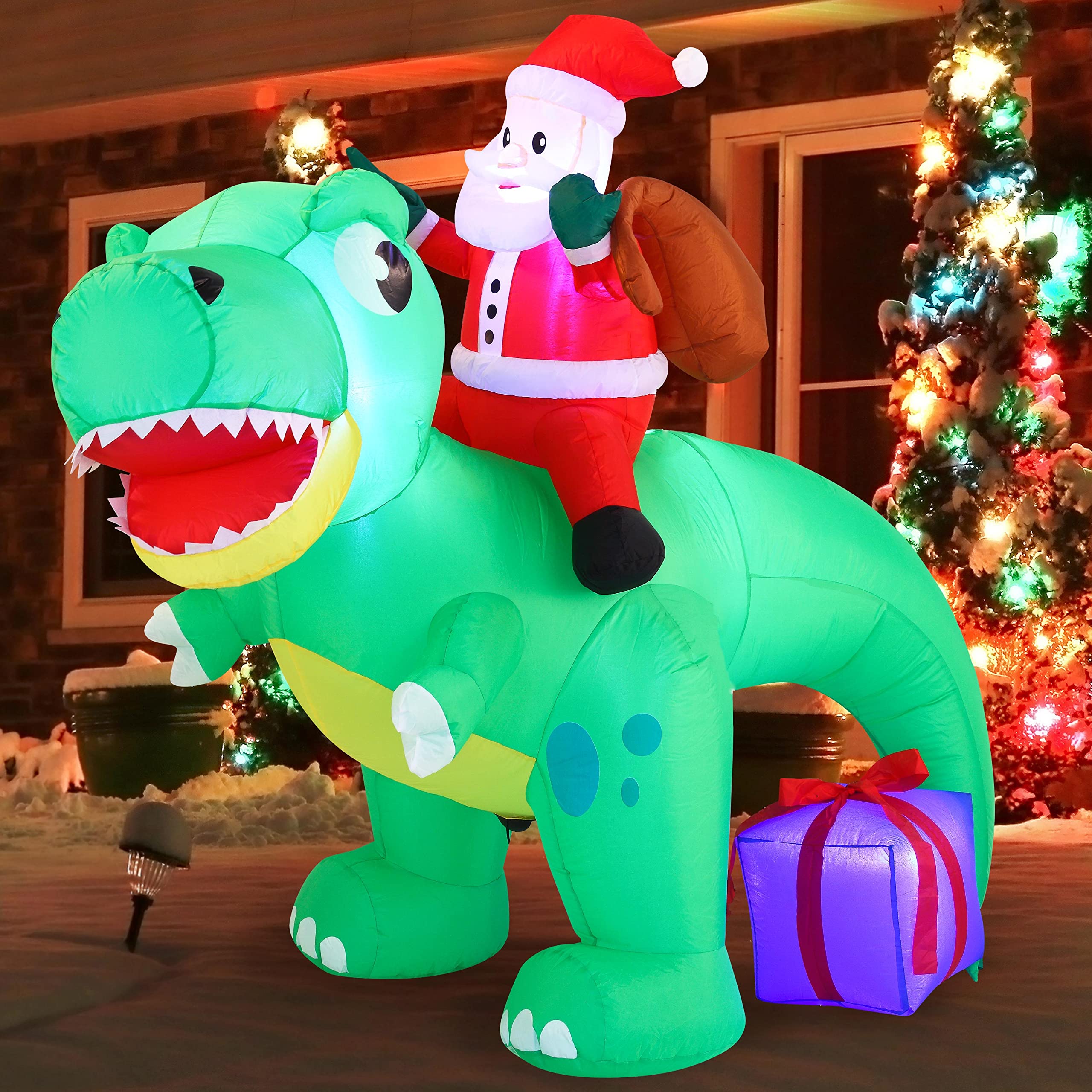 Joiedomi 6 ft Tall Christmas Inflatable Santa Ride on Dinosaur with