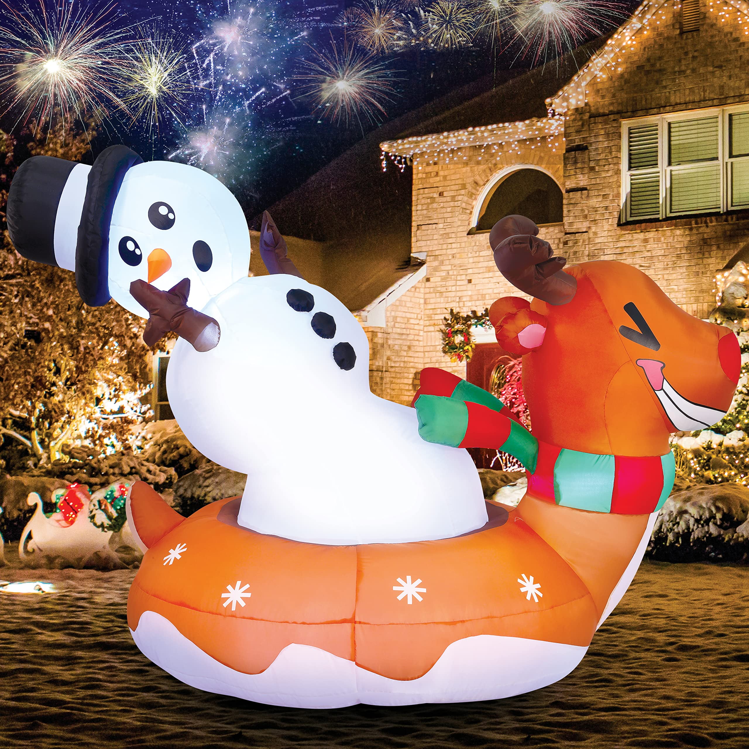 Joiedomi 6ft Long Christmas Inflatable Snowman, Inflatable Snowman with Reindeer Snow Tubing