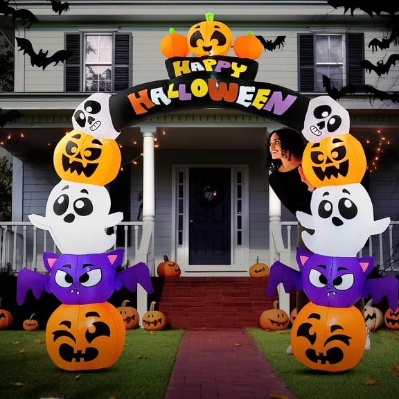 Joiedomi 8 FT Tall Halloween Inflatable Stack Pumpkin Ghost Bat Archway Inflatable Yard Decoration with Build-in LEDs Blow Up Inflatables for Halloween Party Indoor, Outdoor, Yard, Lawn Decorations