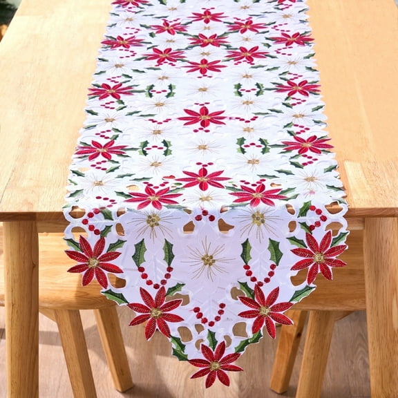 Joyfy Christmas Table Runner 15x70 Inch,Embroidered Holly Leaf Table Runner Table Decoration for Indoor Christmas Decorations
