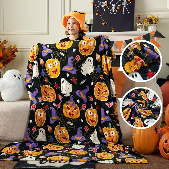 Joiedomi Halloween Throw Blanket Pumpkin White Gifts for Girls Age Soft Cozy Flannel Throw Blanket, Birthday Bedroom Decor 50"×60"