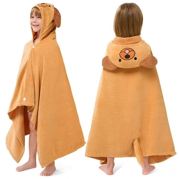 Joiedomi Hooded Towel for Kids Soft 100% Cotton Bath Beach Towel 30" x 50" for Kids 3-10 Years Toddler Pool Poncho with Hood Absorbent Swim Wrap for Boys Girls Brown Dog