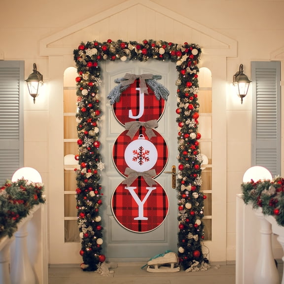 Joiedomi Wreath Buffalo Plaid Joy Sign for Front Door, Rustic Burlap for Window Wall Farmhouse Christmas Holiday Decorations