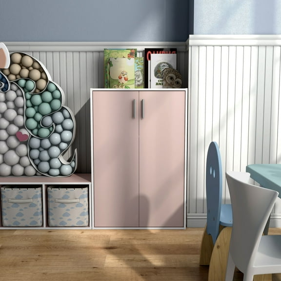 Join Stackable 3-Tier Wood Light Pink Playroom Cabinet with Door