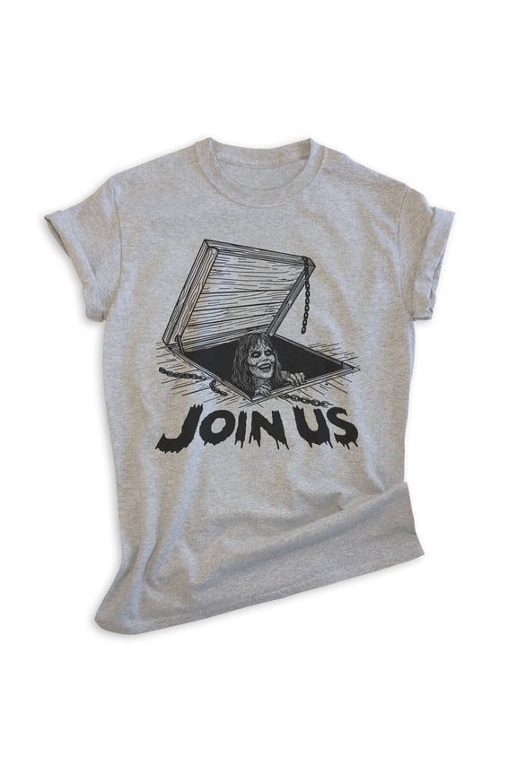 Join Us T-shirt, Unisex Women's Men's Shirt, Horror Movie Classic Film Lover Halloween Gift, Heather Gray, Medium