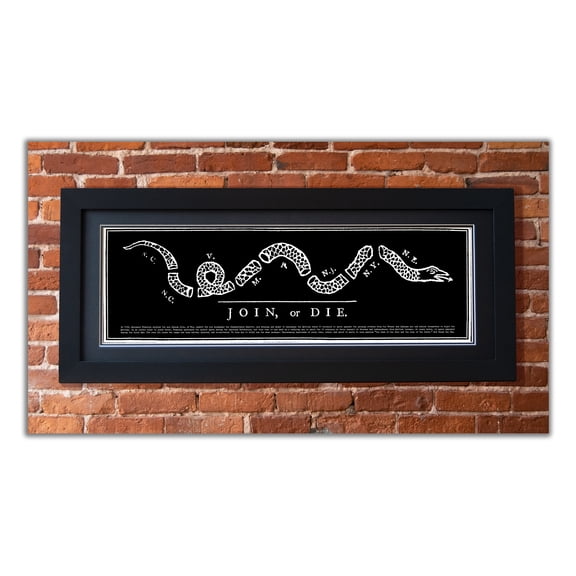 Join or Die - Framed 2” Black Double Matted, Flat Molding 11 ¾" x 36"