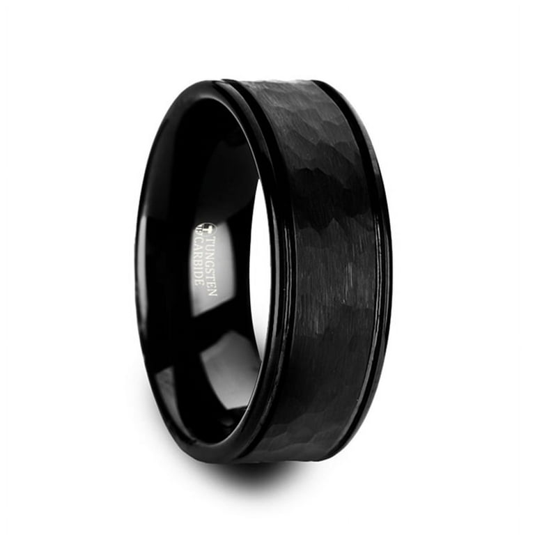 Thorsten JOINER Hammered Finish Center Black Tungsten Carbide Wedding Band with Dual Offset Grooves and Polished Edges - 6mm or 8mm Thorsten JOINER Hammered Finish Center Black Tungsten Carbide Wedding Band with Dual Offset Grooves and Polished Edges - 6mm or 8mm