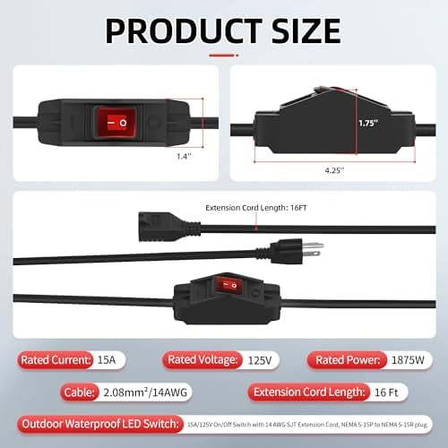 Joinfworld Switched Extension Cord 16 Ft Outdoor 14 AWG 3 Prong Heavy Duty Extension Cord with Switch On/Off 15A 125V Waterproof Lighted Extension Cord Inline Power Switch for Electrical Equipment