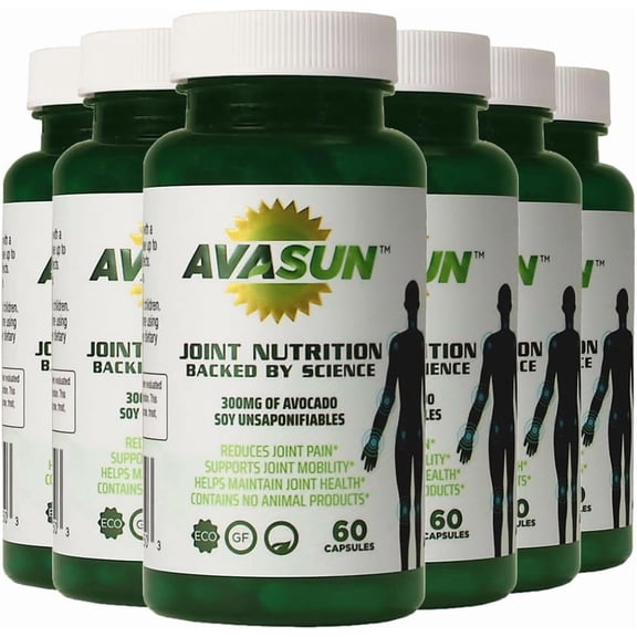 AvaSun Joint Health Support Supplement, Backed by Science, Avocado Soy Unsaponifiable, 300Mg ASU, Plant Based, Dairy Free, Gluten Free, Non-GMO, 60 Daily Capsules per Bottle (12 Month Supply)