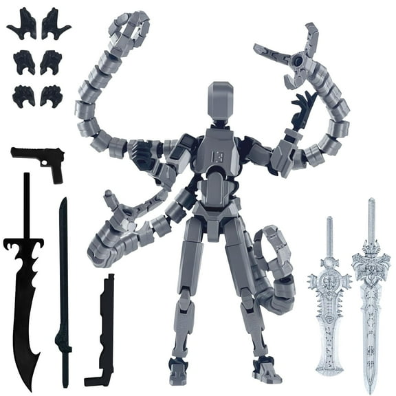 Joint Movable 3D Printed Doll Action Figure Grey - Creative Decompression Desktop Ornament with 6 Interchangeable Weapons and Hands for Robot Enthusiasts