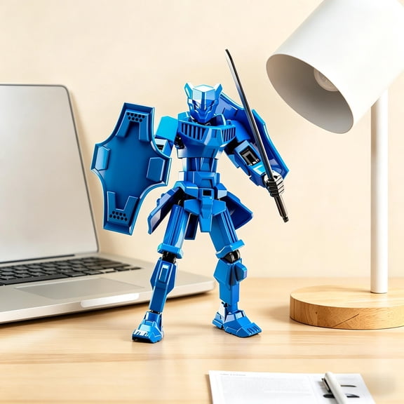 Joint Movable Robot Figure 3D Printed Action Model with 5 Swords and Swap Hands for Innovative Desktop Decor and Tension Release, Blue