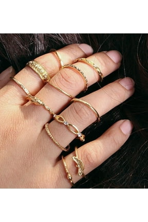 Womens Geometric Diamond Alloy Ring Set Vintage Design 12 Piece Combination Gold Color Rings for Women Fashion Jewelry