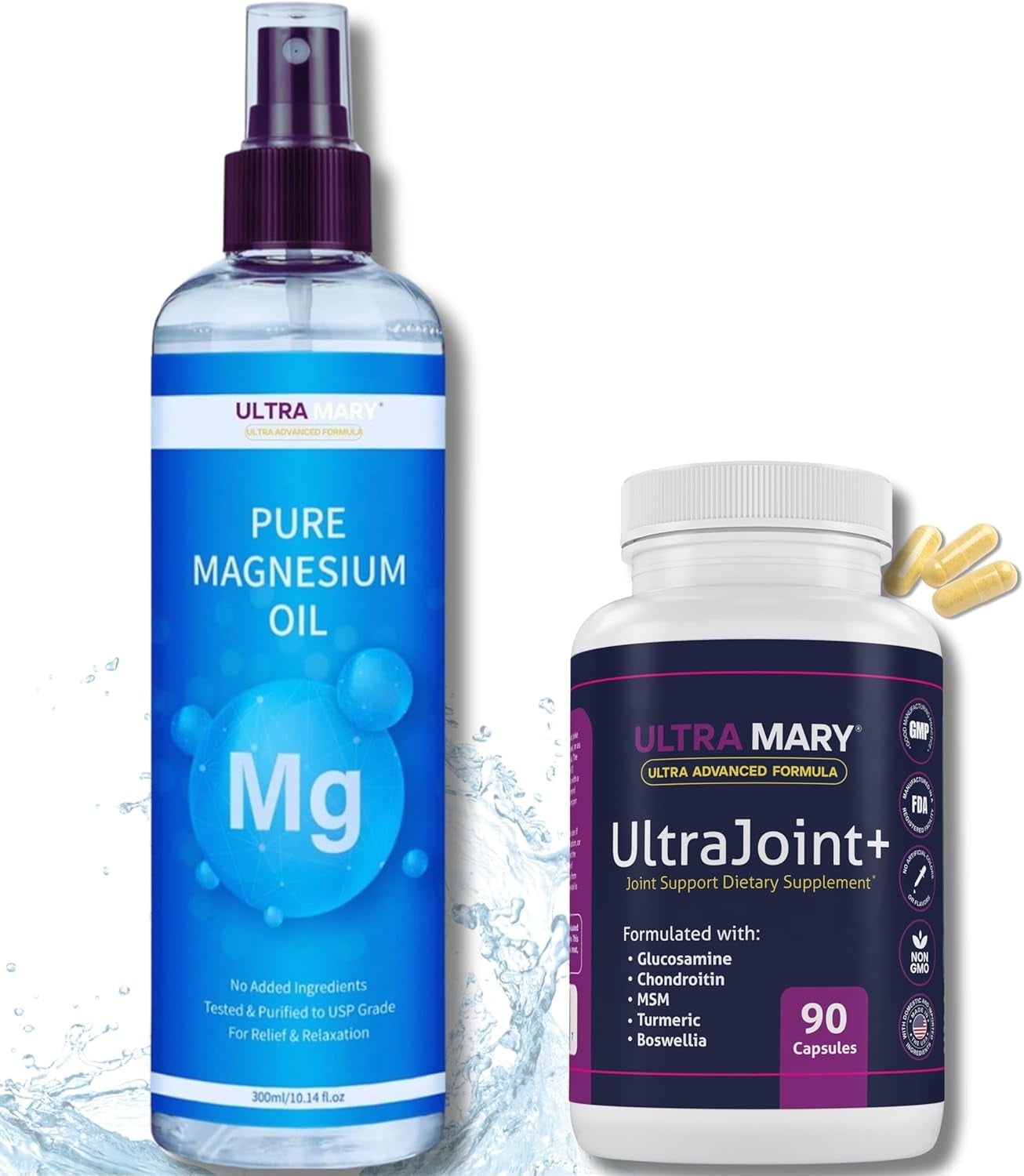 Joint Support UltraMary+(90 Capsules)+Pure Magnesium Oil Spray(300 ml) Combo–Glucosamine 1500mg, Chondroitin, MSM,Turmeric & Boswellia–Mobility, Flexibility & Muscle Relief|Articulaciones & Músculos
