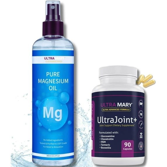 Joint Support UltraMary+(90 Capsules)+Pure Magnesium Oil Spray(300 ml) Combo–Glucosamine 1500mg, Chondroitin, MSM,Turmeric & Boswellia–Mobility, Flexibility & Muscle Relief|Articulaciones & Músculos