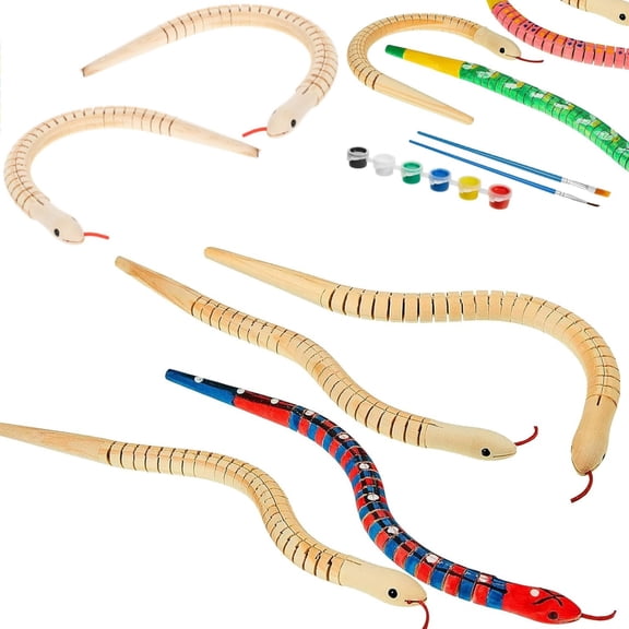 Jointed Wooden Snake Craft Kit 10-Pack - Unfinished Flexible Wiggly Snakes with 12 Colors Acrylic Paint & Brush for Kids Art Projects and Reptile Party Decorations