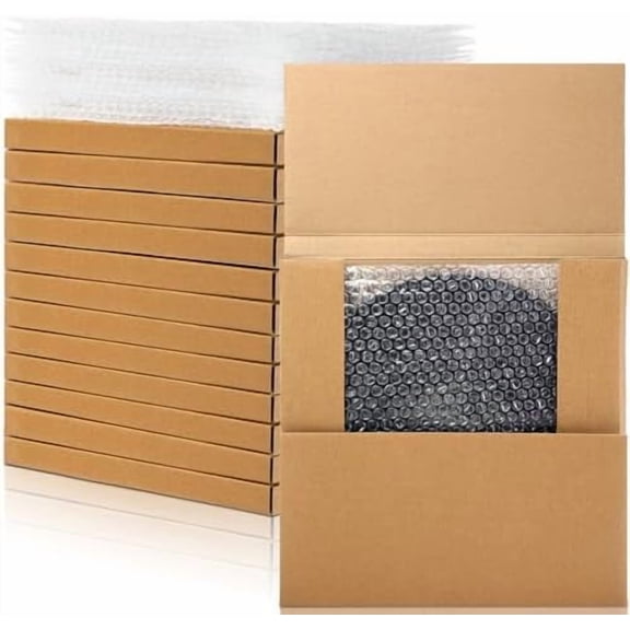 Jointown 10 Sets Vinyl Record Mailers 12.6 x 12.6 x 1" Shipping Boxes Easy Fold Album Corrugated Cardboard Box with Fragile Stickers and Bubble Bags for Packing Shipping Moving Storage(Kraft Color)