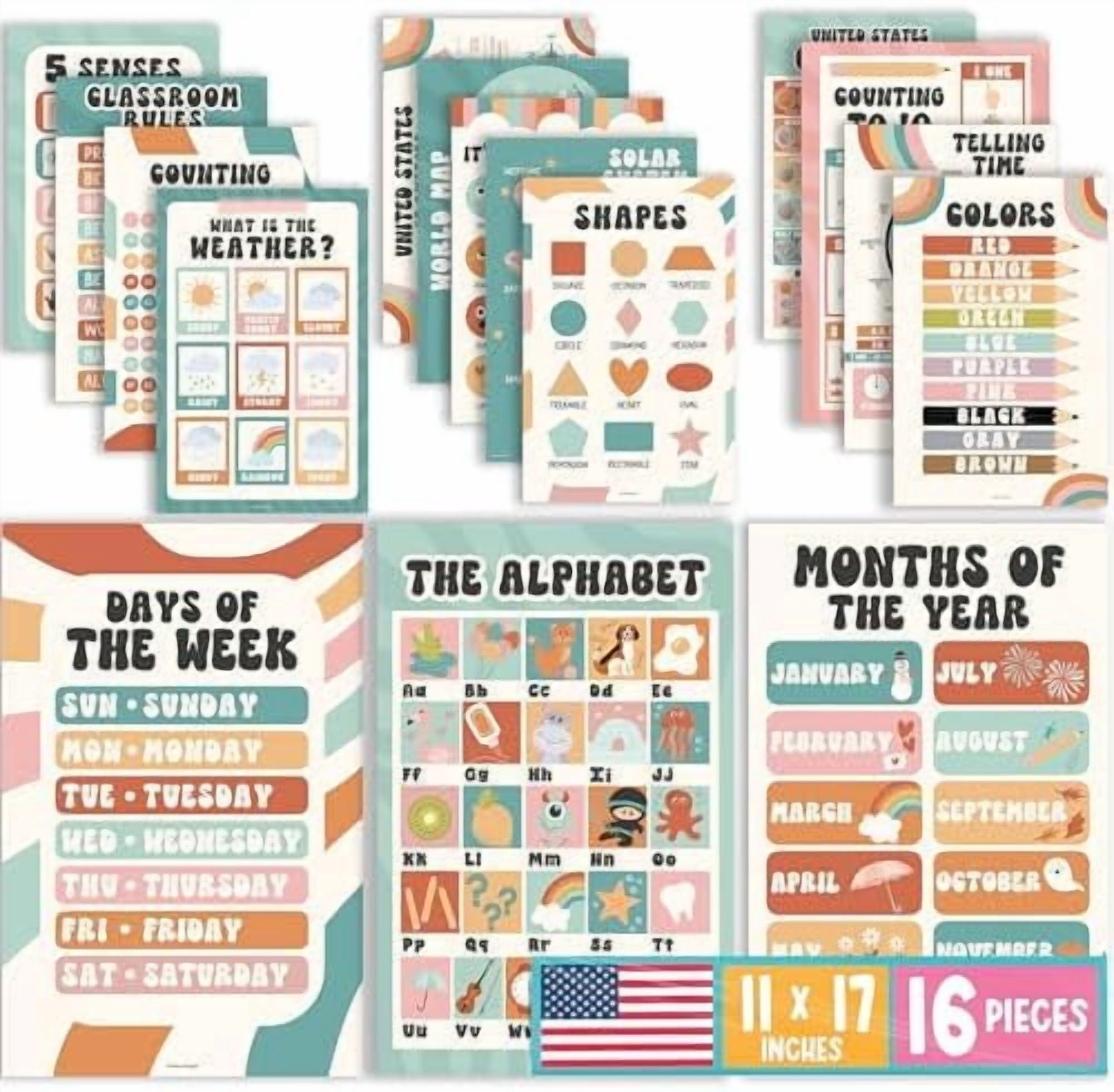 Jointown 16 Educational Posters for Toddlers 1-3 - Learning Poster for Kids Ages 3-5, Alphabet Chart Playroom Homeschool Daycare & Classroom Decor, Kindergarten & Preschool Classroom Must Haves