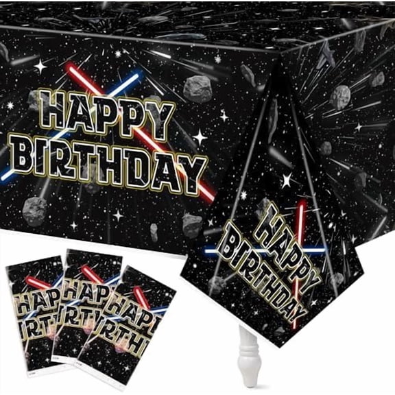 Jointown 3Pcs Happy Birthday Table Covers Galaxy Movie Star Themed Rectangular Waterproof Plastic Dinner Tablecloths Party Decor Supplies for Kids Birthday School Party 86 x 51in