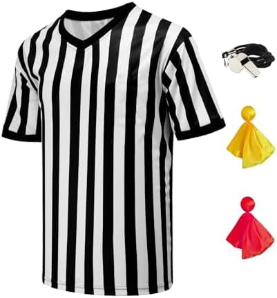 Jointown 4Pcs Referee Shirt Men V-Neck Official Ref Jersey Kit for Basketball Football Soccer Halloween Costume Flag Whistle